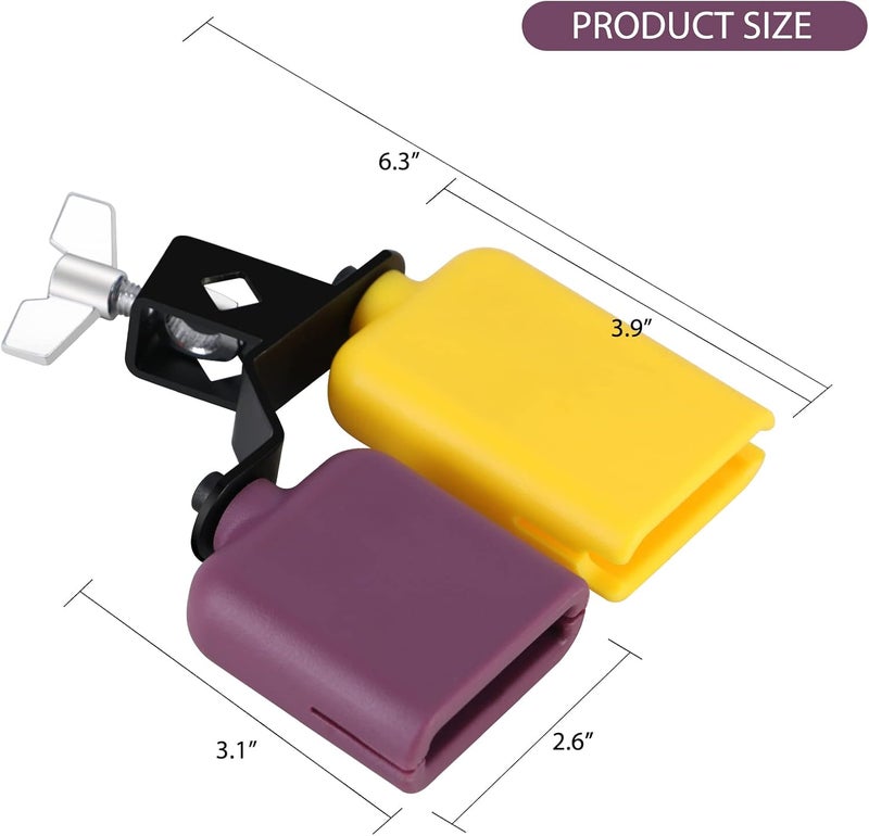 RANMING Jam Block Plastic Cow Bell Double Sambago Bell Jam Block for Band Practice Festival Performance,Latin Percussion Instrument Kit (Yellow-Purple) - Image 5